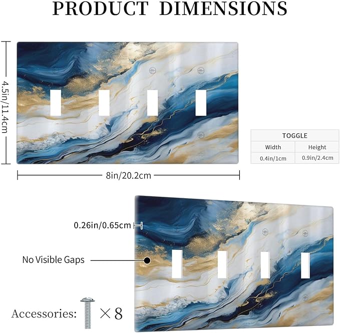Abstract Blue Granite Luxury Watercolor Marble Texture Print Quad Toggle Light Switch Covers Decorative Unique 4 Gang Wall Plate Electrical Faceplate Switchplate for Bedroom Bathroom Decor