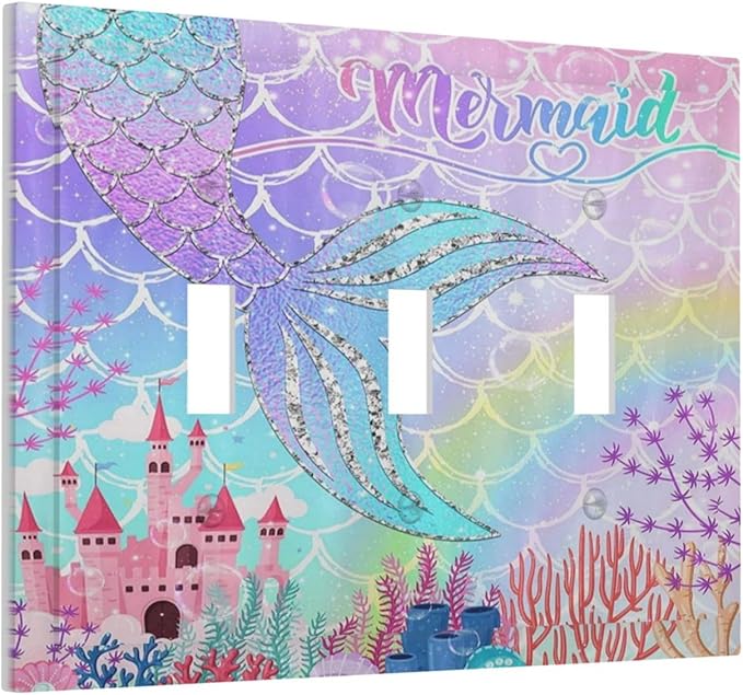 Silvery Glitter Cute Mermaid Tail Fantasy Castle 3 Gang Light Switch Covers Triple Toggle Wall Plate Decorative Switchplate Electrical Faceplate for Kidroom Nursery Bedroom Kitchen Decor