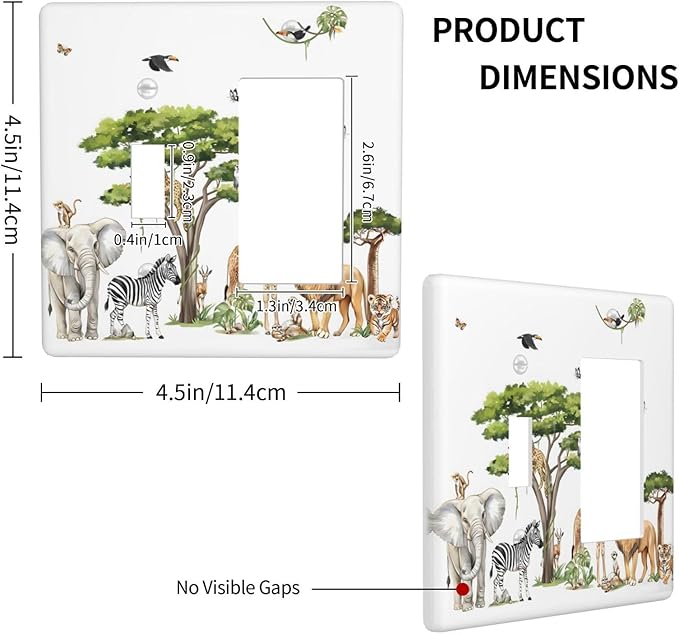 Large Animals Elephant Giraffe Jungle Lion Leopard Zebra Outlet Covers 1 Toggle 1 Rocker Combination Decorative Wall Plate Electrical Switch Plates Light Switch Cover Plate for Kids Room Nursery Decor