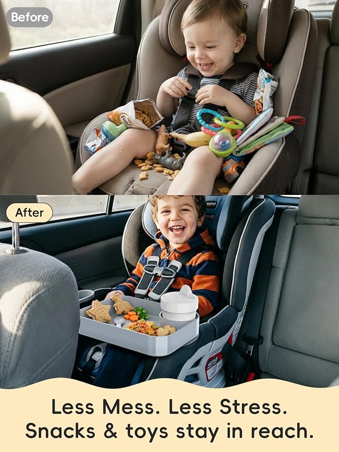 Car Seat Cup Holder Snack Tray for Kids, Reduces Mess, Detachable Large Base & Adjustable Ring, Carseat Tray for Toddler, Car Seat Food Tray Table for Kid Travel Road Trip Essentials -Light Gray