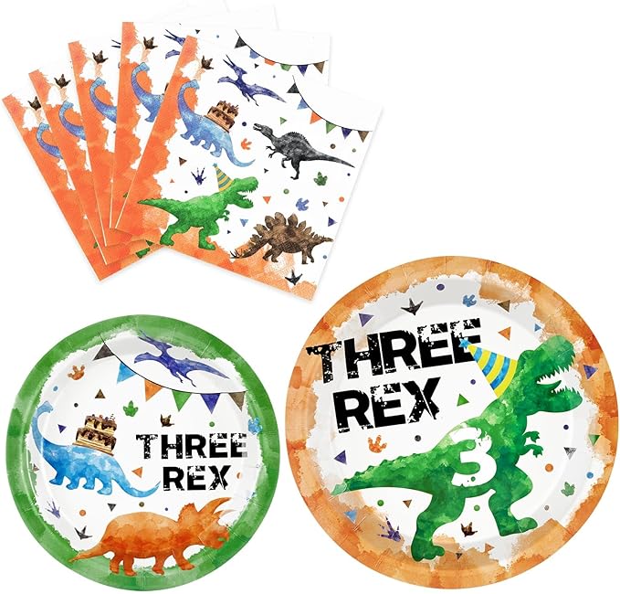 WERNNSAI Watercolor Dinosaur Party Supplies - 48 Pcs Dinosaur 3rd Birthday Party Tableware Bundles for Boys Kids Three Rex Disposable Plates and Napkins Dino Theme Party Decorations Serves 16 Guests