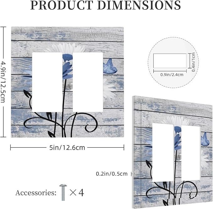 Blue White Daisy Flower Butterfly Rustic Wood Board Decorative Outlet Covers 2 Gang Double GFCI Rocker Electrical Wall Panels Light Switch Cover Plate for Farmhouse Bedroom Decor