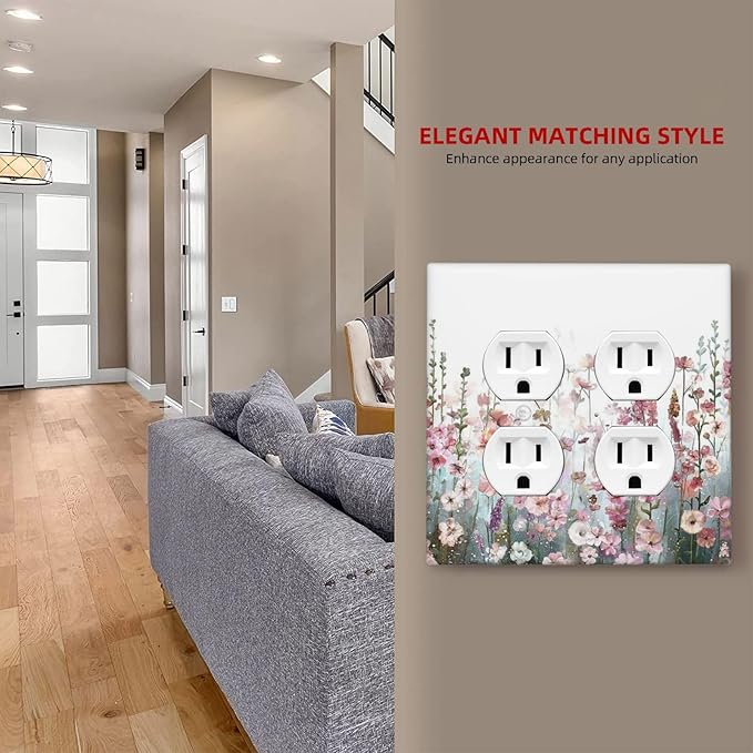 Colorful Flowers Pink Floral Watercolor Plant Outlet Covers 2 Gang Double Duplex Decorative Light Switch Covers Electrical Wallplates Socket Faceplate for Bed Room Living Room Decor
