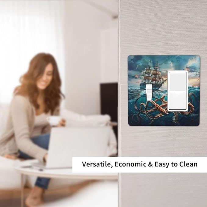 Light Switch Cover Plate Sailboat Ship Octopus Ocean Sea Waves 2 Gang Combo Wall Plates Toggle Rocker Decorative Switch Plates and Outlet Covers for Bathroom Bedroom Decor