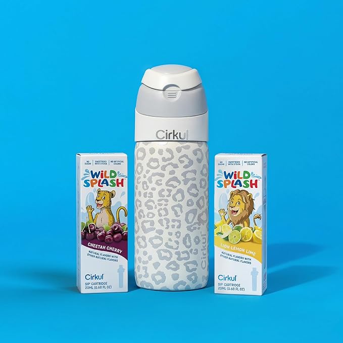Cirkul 16oz Luxe Leopard StrawSip Flip Stainless Steel Water Bottle - Double Walled Vacuum Insulated Bottle For Kids and Teens with Flavor Cartridge Included, No Sugar, Zero Calories (Caffeine Free)