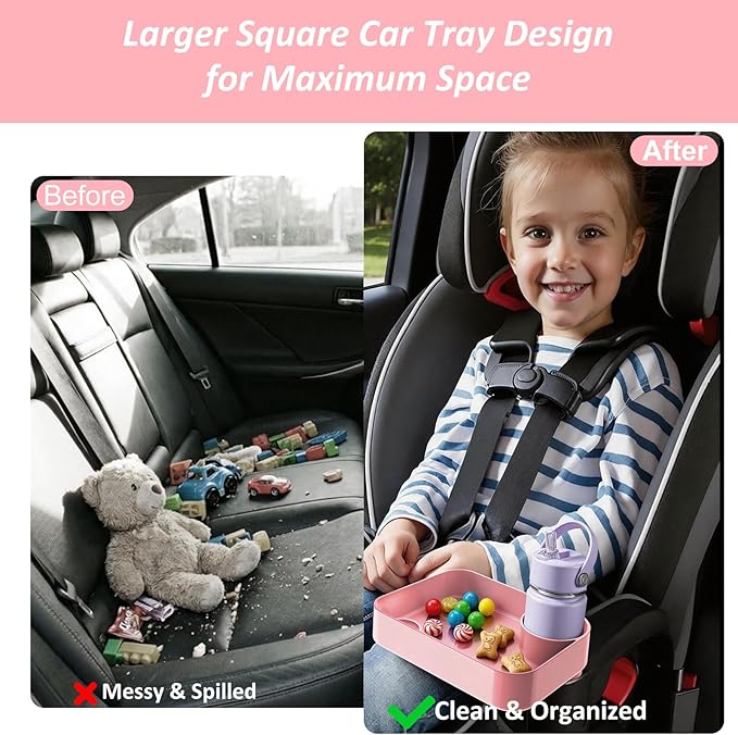 Car Seat Snack Tray for Kids, Mess-Free Square Travel Tray Cup Holder Snack Tray, Durable Car Food Tray for Toddlers, Universal Fit Kids Travel Road Trip Essentials (Pink)