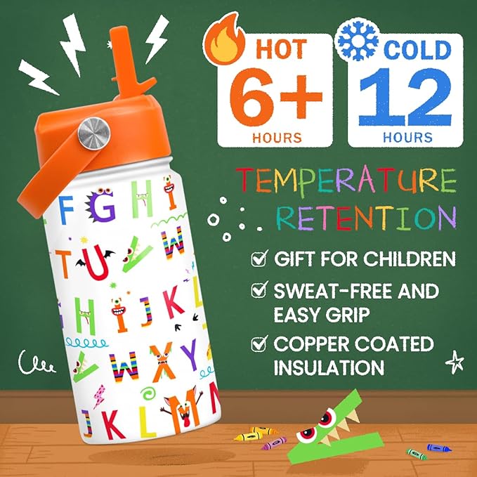 SANDJEST Kids Water Bottle with Straw Lid - 12 Oz Alphabet Insulated Stainless Steel Water Bottles for Kid Girl Boys - Travel Cup for School Sports