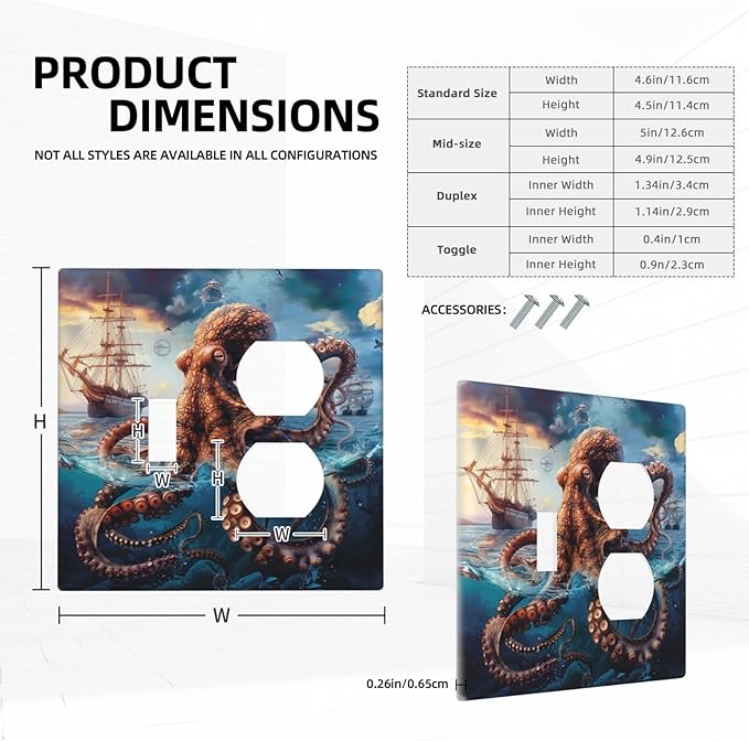 Outlet Covers Deep Ocean Octopus Sailboat Sea Monster 2 Gang Decorative Switch Plates 1 Toggle Duplex Combo Light Switch Cover GFCI Socket Cover WallPlates for Bathroom Bedroom Decor