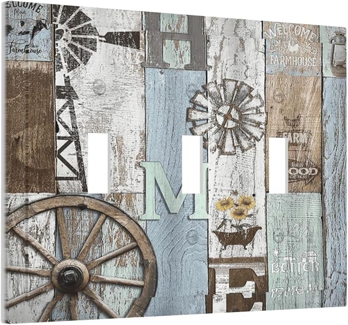 Rustic Western Barn Door Vintage Windmill Decorative Switch Plates 3 Gang Wall Plate Triple Toggle Light Switch Cover Faceplate Electrical Wall Panels for Farmhouse Home Decor