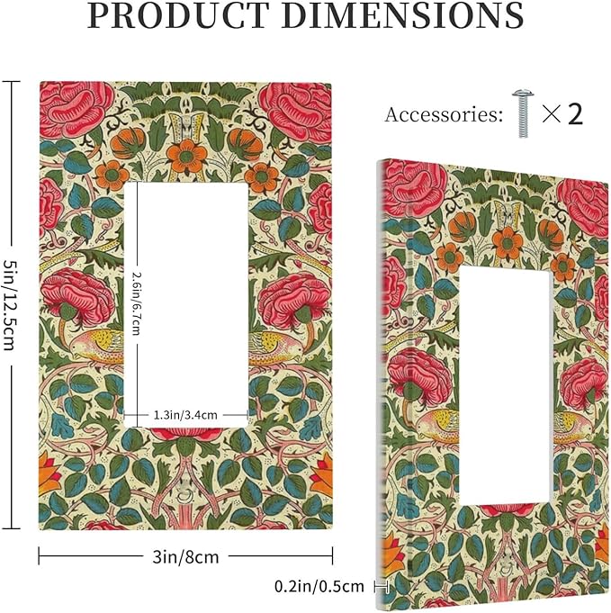 William Morris Roses Floral Single Light Switch Cover Plate VintageTulip Flower Plant Bird 1 Gang Rocker Outlet Covers Switchplate Decorative Electrical Faceplates for Bedroom Kitchen Décor