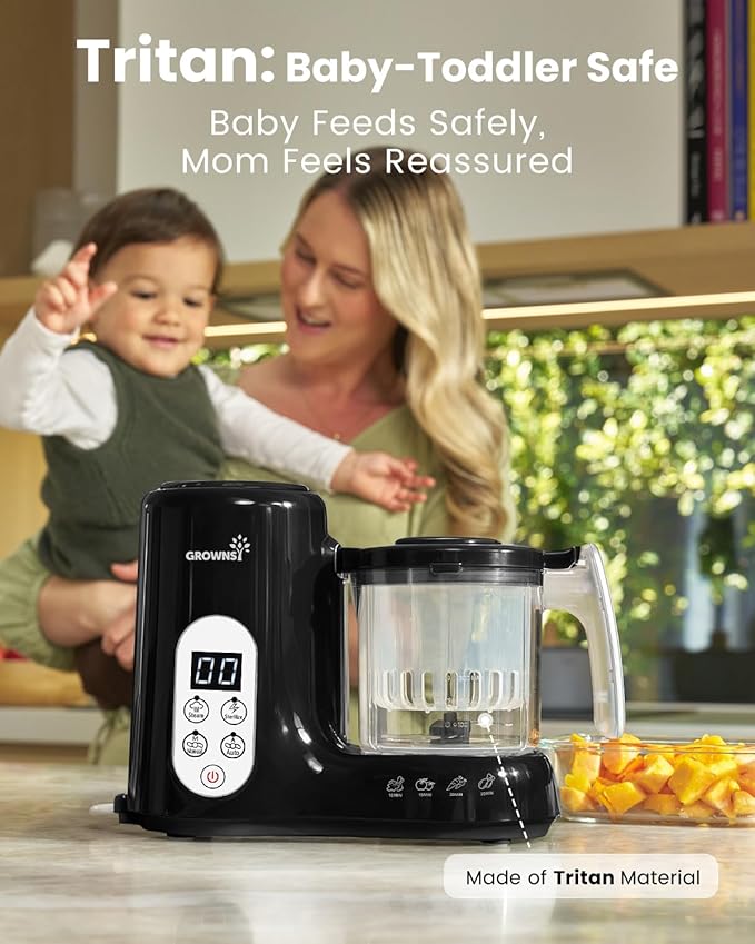Grownsy Baby Food Maker with Steam Basket, One Step Baby Food Processor Steamer Puree Blender Grinder Mills Machine, Auto Cooking Grinding and Sterili-zing for Healthy Homemade Baby Food, Blcak