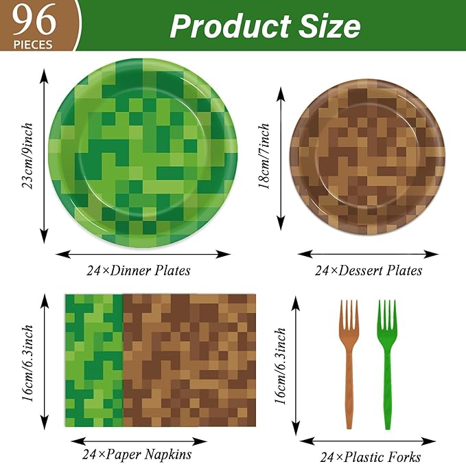 96Pcs Pixel Party Paper Plates and Napkins Video Game Party Decorations Pixel Paper Dessert Plates Mining Gaming Disposable Tableware Set Boys Girls Kids Teenagers Birthday Supplies 24 Guests