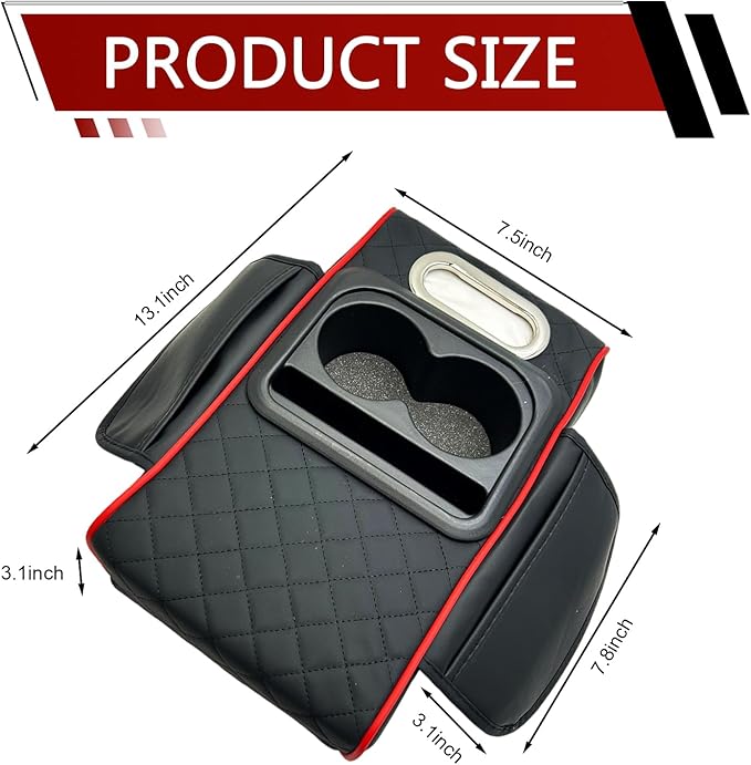 Car Center Console Cover, Upgrade 5-in-1 Genuine Leather Thickened Armrest Box, Armrest Storage Box with Cup, Universal Car Accessories Interior Organizers, for Most Cars (Black & Red)