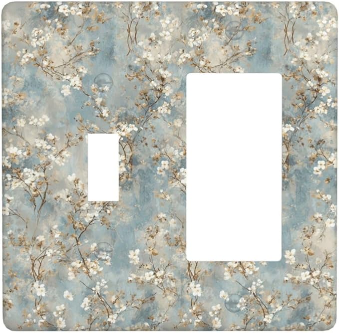 Decorative Outlet Covers Rustic Blue White Plum Blossom Flower 2 Gang Light Switch Cover Plate Single Toggle 1 Rocker Wall Plates for Electrical Switch Plate Covers for Bedroom Decor