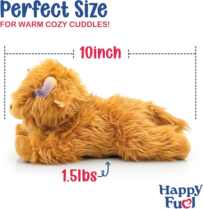 Highland Cow Microwavable Stuffed Animal – 1.5 lb Unscented Heating Pad Plush, Soft Cozy Cute Cow Toy for Relaxation and Comfort, Gift for Women, Girls, Adults & Kids by Happy Fuel