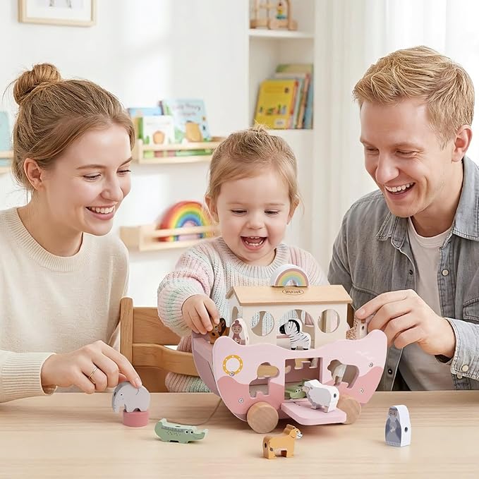 Joyreal Pink Wooden Noah's Ark Toy for 1 Year Old Baby Girl Baptism Gift - Montessori Educational Toy with Animal Shape Sorter - Christian Toys for Toddler Boy 1-3 Years Old Christmas Birthday Gift