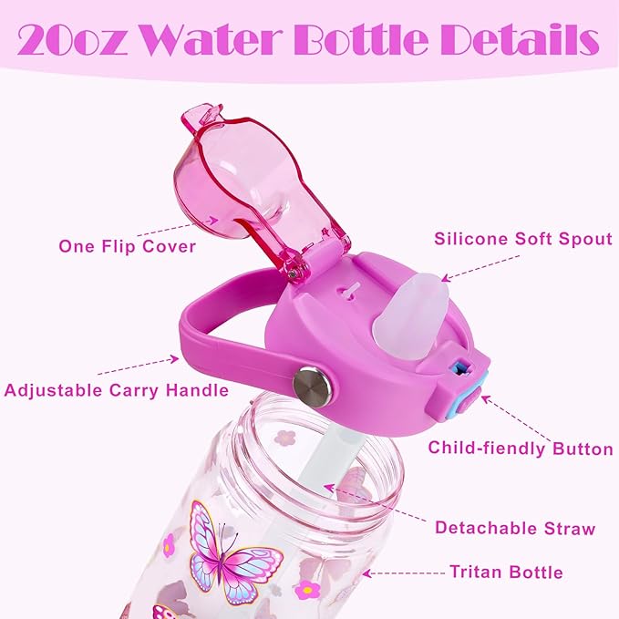 Queenshin Girls Butterfly Water Bottle for School 20oz BPA-Free Tritan Outdoor Kids Sports Water Cup Leak Proof with Straw Lid Handle Pop-Up Spout Cover