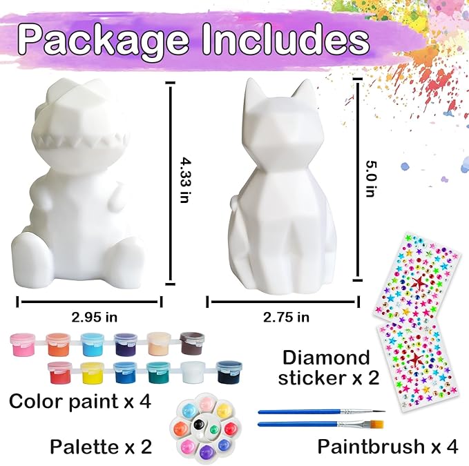 Goody King Paint Your Own Cat & Dinosaur Lamp Kit, 3PCS DIY Night Light, Arts & Crafts for Kids Ages 8-12, Art Supplies Painting Kit for Kids 6-12, Art Supplies Craft Birthday Gifts for Kids Ages 3+