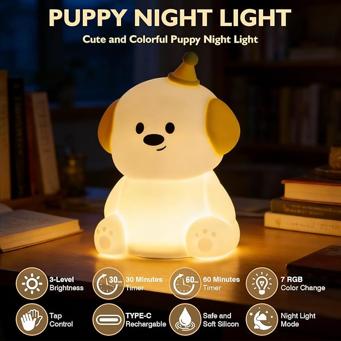 Puppy Silicone Night Light for Kids Baby, BPA-Free Safe Cute Lamp, 3 Brightness Dimmable RGB Color Changing, 30/60 Min Timer Tap Control Night Light for Nursery Bedroom Toddler Infant