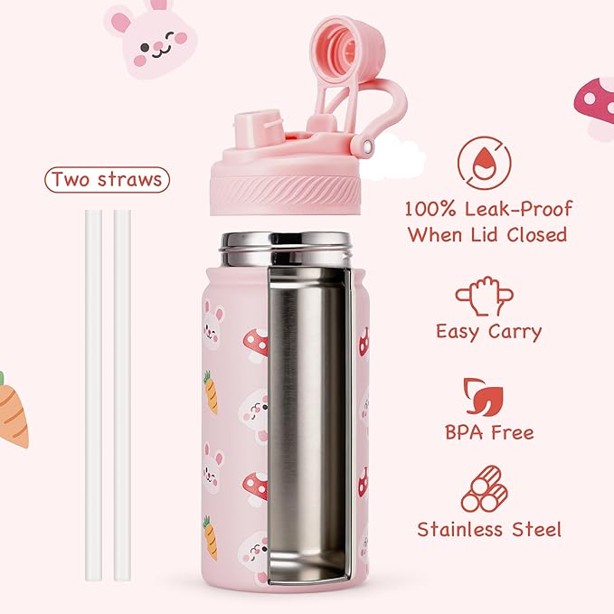 Fijinhom 12 oz Kids Water Bottle, 2-in-1 Stainless Steel Vacuum Insulated Water Bottle for Toddler, Leak Proof Spout & Straw, Double Wall Thermal Flask for Boys&Girls, School, Outdoor, Travel (Rabbit)