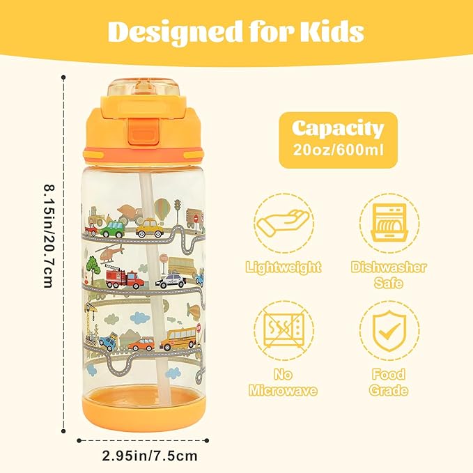 decalsweet Kids Water Bottle 20oz Durable Leak-Proof Plastic Water Cup for Kids Toddlers,With Straw Handle and Pop-Up Spout Cover,Safe for School Sports Daycare Travel & Camp