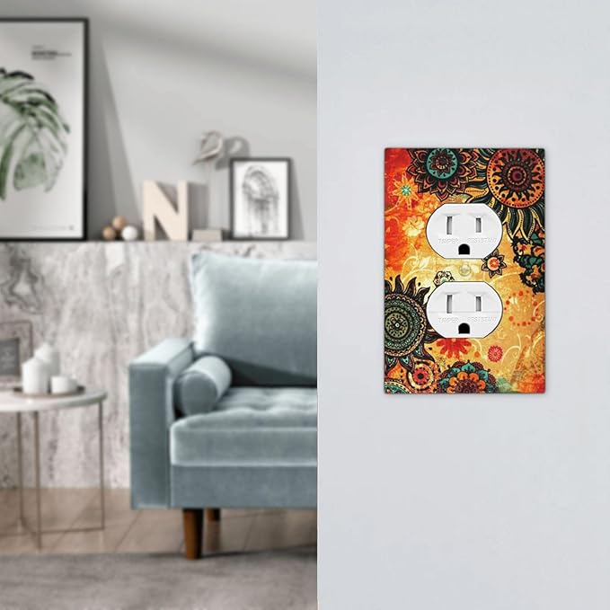 Red Orange Boho Bohemian Flower Floral 1 Gang Receptacle Wall Plate Duplex Outlet Covers Decorative Single Device Switchplate Face Wallplate Bedroom Decorate