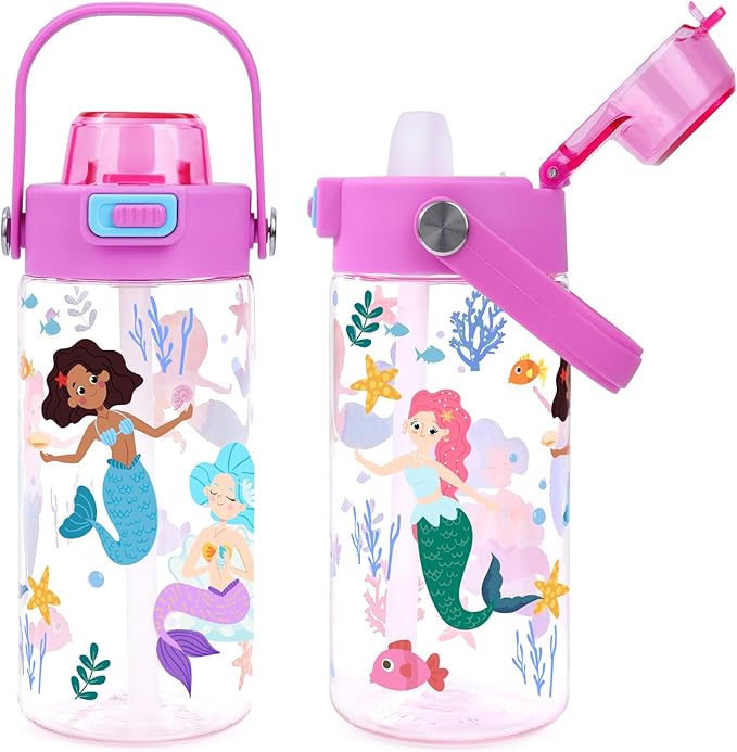Queenshin Girls Mermaid Water Bottle for School 20oz BPA-Free Tritan Outdoor Kids Sports Leak Proof Water Cup with Straw Lid Handle Pop-Up Spout Cover