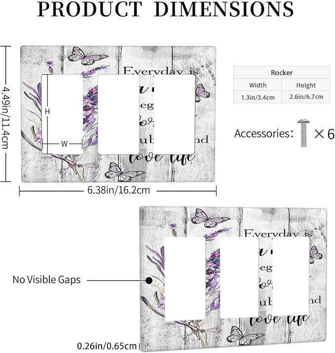 Light Switch Cover Purple Lavender Flower Butterfly on Wood Plank 3 Gang Wall Plate Triple Light Switch Plate Inspirational quotation Floral Rocker GFCI Outlet Covers Decorative Receptacle Cover