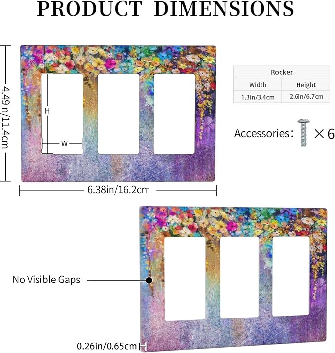 Colorful Floral Watercolor Flower 3 Gang Rocker Light Switch Plate Purple Triple Decora Outlet Wall Plate Cover Faceplate Decorative Switchcovers GFCI for Farmhouse Bathroom Bedroom Decorate