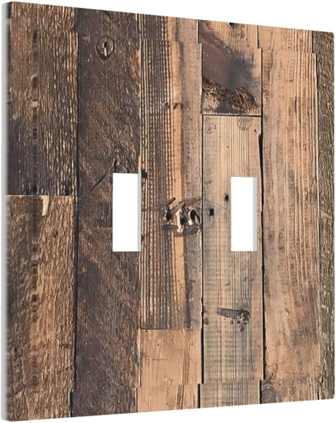 Rustic Brown Wood Plank Vintage Country Wooden Board Decorative Switch Plates 2 Gang Double Toggle Outlet Light Switch Cover Wall Plate Electrical Faceplate for Farmhouse Home Decor