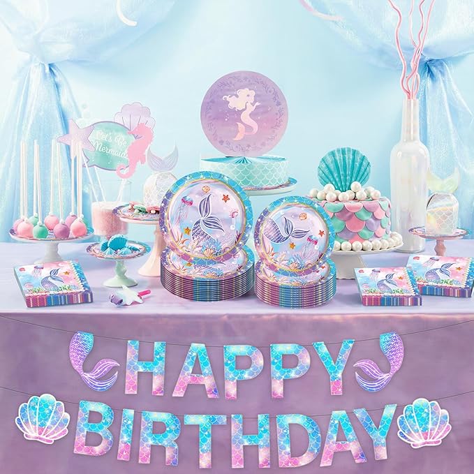 Mermaid Birthday Decorations Disposable Tableware Plates for Baby Shower,Under The Sea Party Supplies Plates,Blue Tableware with Cups,Tablecloth,Banner for Kids Girls,Serve 24