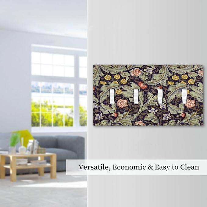 Boho William Morris Floral Green Leaves Flower Light Switch Covers Quad Toggle Electrical Faceplate 4 Gang Wall Plate Decorative Switch Plates Cover for Farmhouse Home Decor