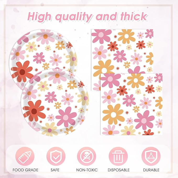 41PCS Groovy Daisy Birthday Party Decorations Retro Hippies Flower Disposable Tableware Include Daisy Plates and Napkin and Daisy Tablecloth Party Supplies for 70s Boho Birthdays Baby Showers Weddings
