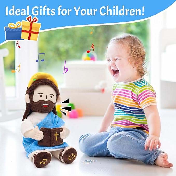 Yelakey Jesus Plush Talking Doll with Halo,Speak 20 Bible Verses & 20 Songs,13.4" Interactive Hymn Stuffed Plushie Perfect Religious Gift for Kids Sunday School & Easter Celebrations