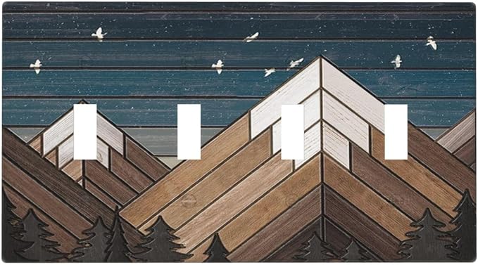 Rustic Geometric Mountain Wilderness Wood 4 Gang Wall Plate Quad Toggle Light Switch Cover Decorative Outlet Covers Electrical Light Switches Faceplate for Bedroom Bathroom Kitchen Decor