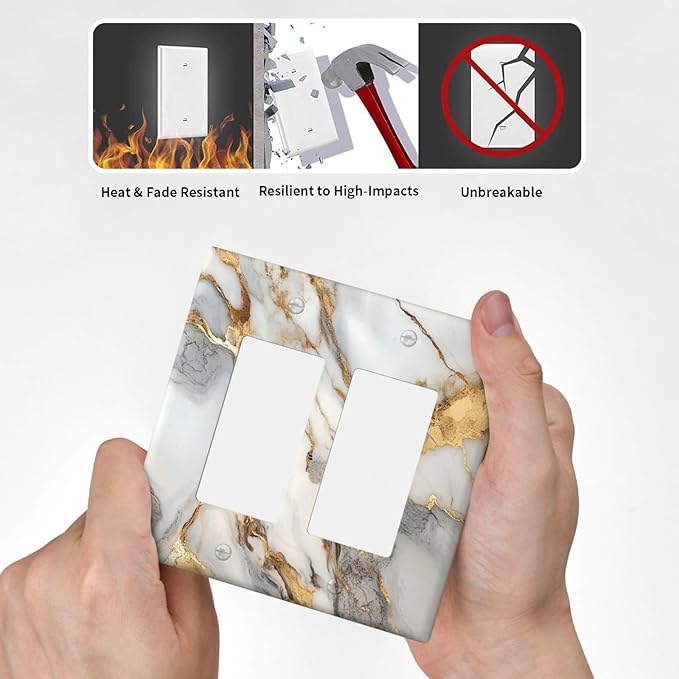 Outlet Covers White Gold Abstract Luxury Marble Patterns 2 Gang Double Rocker Light Switch Cover Plate Decorative Wall Plate GFCI Socket Cover Electrical Switch Plate Covers for Bathroom Home