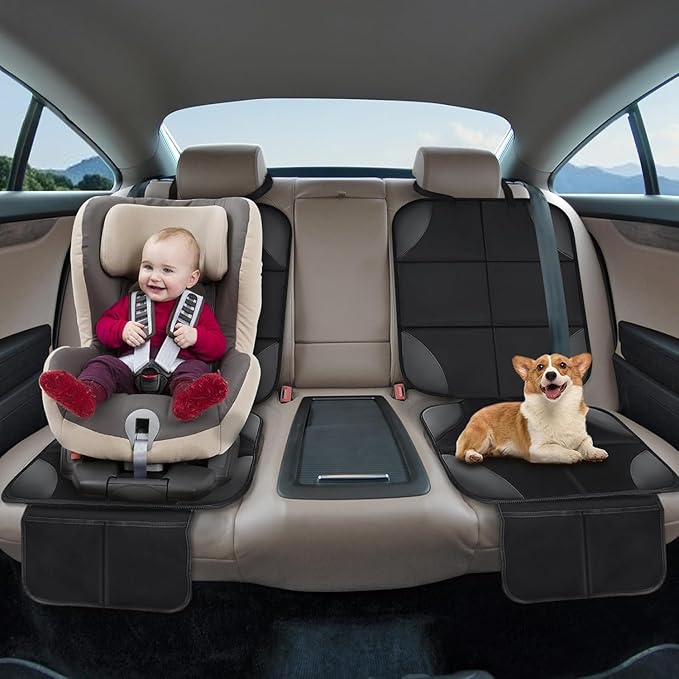 Car Seat Protector, Ponjson Auto Car Leather Seats Waterproof Thick Padding&Non-Slip Seat Cover Pad for Child Baby Safety Seat with Organizer Pockets-2 Pack Carseats for Most Cars
