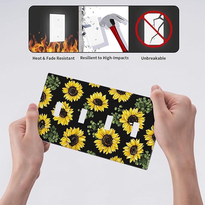 Light Switch Covers Floral Sunflower Plants Flowers Quad Toggle Electrical Faceplate 4 Gang Wall Plate Decorative Switch Plates For Bed Room Farmhouse Decor