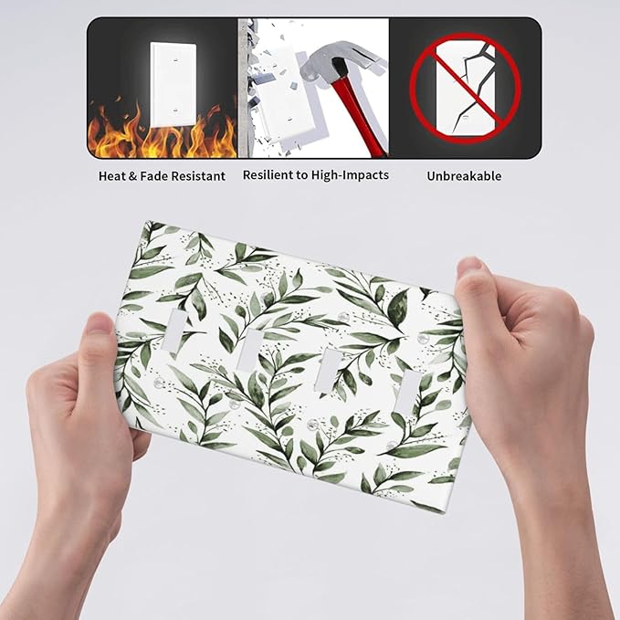 Green Leaf Olive Leaf Sage Floral Light Switch Covers Quad Toggle Electrical Faceplate 4 Gang Wall Plate Decorative Switch Plates Cover for Bedroom Living Room Decor