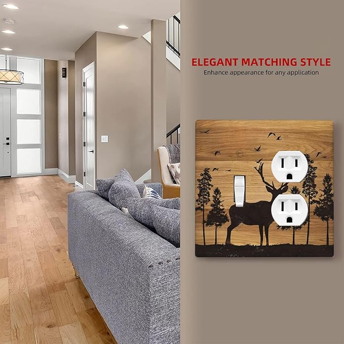 Elk Moose Forest Hunting Pyrography Art Wood Texture Print Wallplates 1 Toggle 1 Duplex Switch Plate Electrical GFCI Faceplate Decorative Light Switch Covers for Farmhouse Bedroom Decor