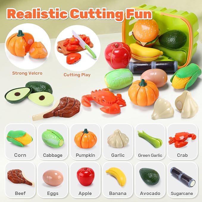CUTE STONE 70+ PCS Kids Play Kitchen Accessories, Pretend Cooking Toys with Peelable & Cuttable Play Food, Cookware, Tableware & Utensils, Shopping Basket, Tray, Educational Gift for Girls & Boys