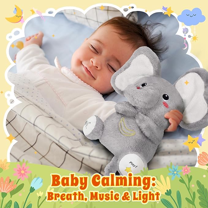 BRICHOEE Breathing Stuffed Animal, Soothing Elephant Stuffed Animal with Moving Ears, Breathing Motion, Calming Sound and Light for Baby Sleep Companion Portable Plush Gifts for Kids Adults Newborns