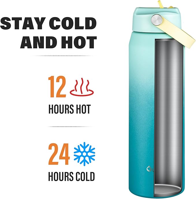 Oldley 32oz Insulated Water Bottle with Straw, Stainless Steel Water Bottle for Sports, Travel, School, BPA-Free Sports Bottles for Adult Kids, Leak-Proof, Light Green Blue