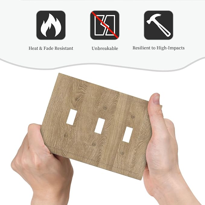 Decorative Light Switch Cover Plate Light Brown Wood Grain 3 Gang Wall Plate Triple Toggle Switch Plate Covers Electrical Outlet Cover for Farmhouse Cabin Decor