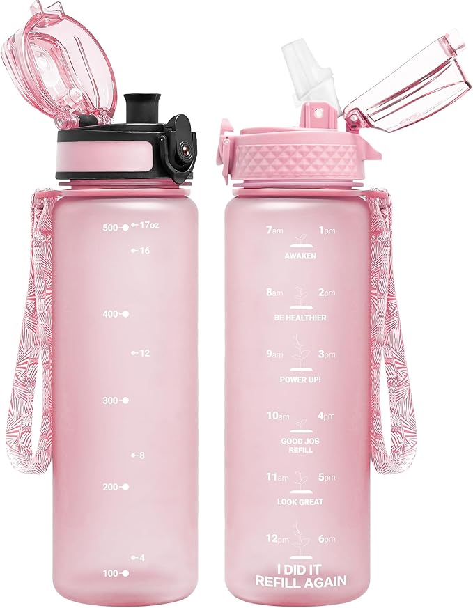 OLDLEY Kids Water Bottle for School, 17 oz (2 lids) BPA-Free Reusable Leak-proof Durable Tritan Plastic Water Bottles with Straw & Chug Lids, Anti-dust Spout Cover (Pink)