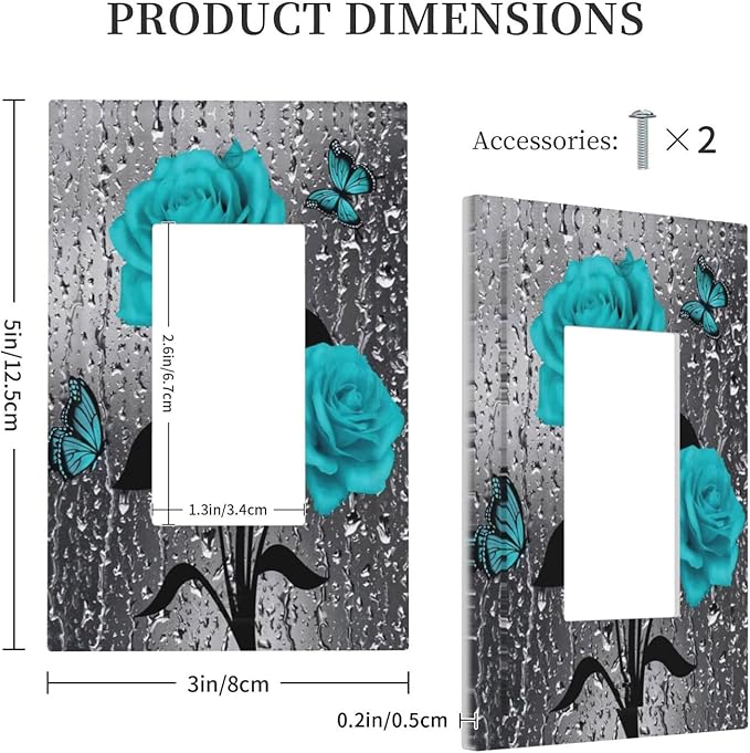 Romantic Aqua Teal Blue Raindrop Floral Rose Flower 1 Gang Single Decorator/Rocker Light Switch GFCI Wall Plate Women Lady Girl Lovely Electrical Device Receptacle Face Plug Outlet Cover for Dimmers
