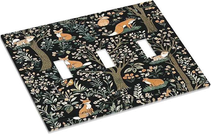 Decorative Switch Plates Fairy Forest Animals Fox Squirrel Flower 3 Gang Wall Plate Triple Toggle Light Switch Cover Faceplate Electrical Wall Panels For Bed Room Farmhouse Decor