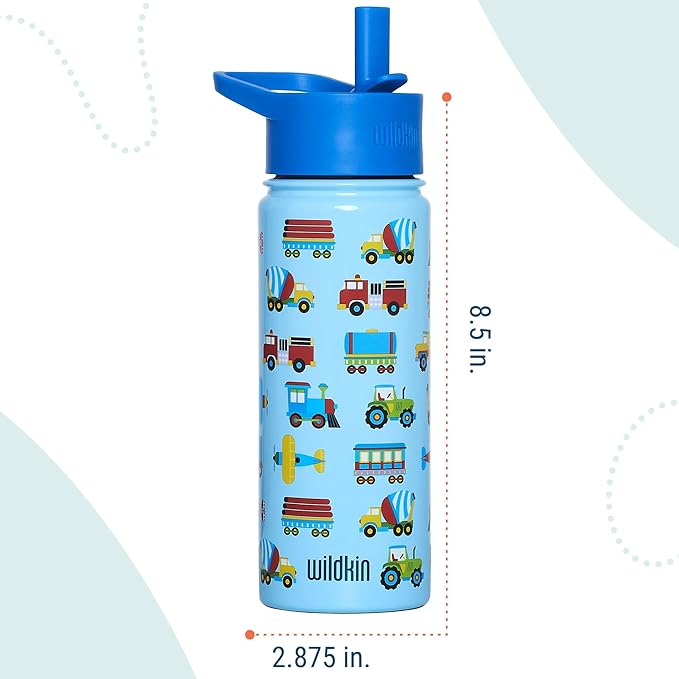 Wildkin Kids 18oz Stainless Steel Water Bottle – BPA-Free, Leakproof, Insulated, Easy-Clean - Trains, Planes & Trucks