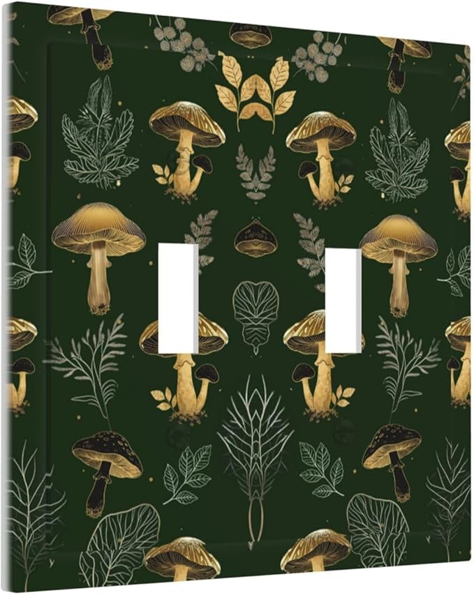 Decorative Light Switch Cover Plate Cute Gold Mushtroom Green Plant Leaf 2 Gang Outlet Covers Double Toggle Wall Plates for Electrical Outlets Switch Plate Covers Faceplate for Home Decor