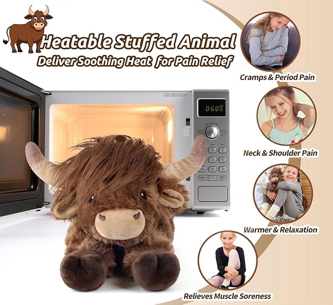 Highland Cow Stuffed Animals, Microwavable Stuffed Animal Adorable Fluffy Highland Cow Plush for Warmth Comfort, Heatable Coolable Lavender Scent Toy, Cute Soft Plushies Gift for Kid Boys Girl & Adult